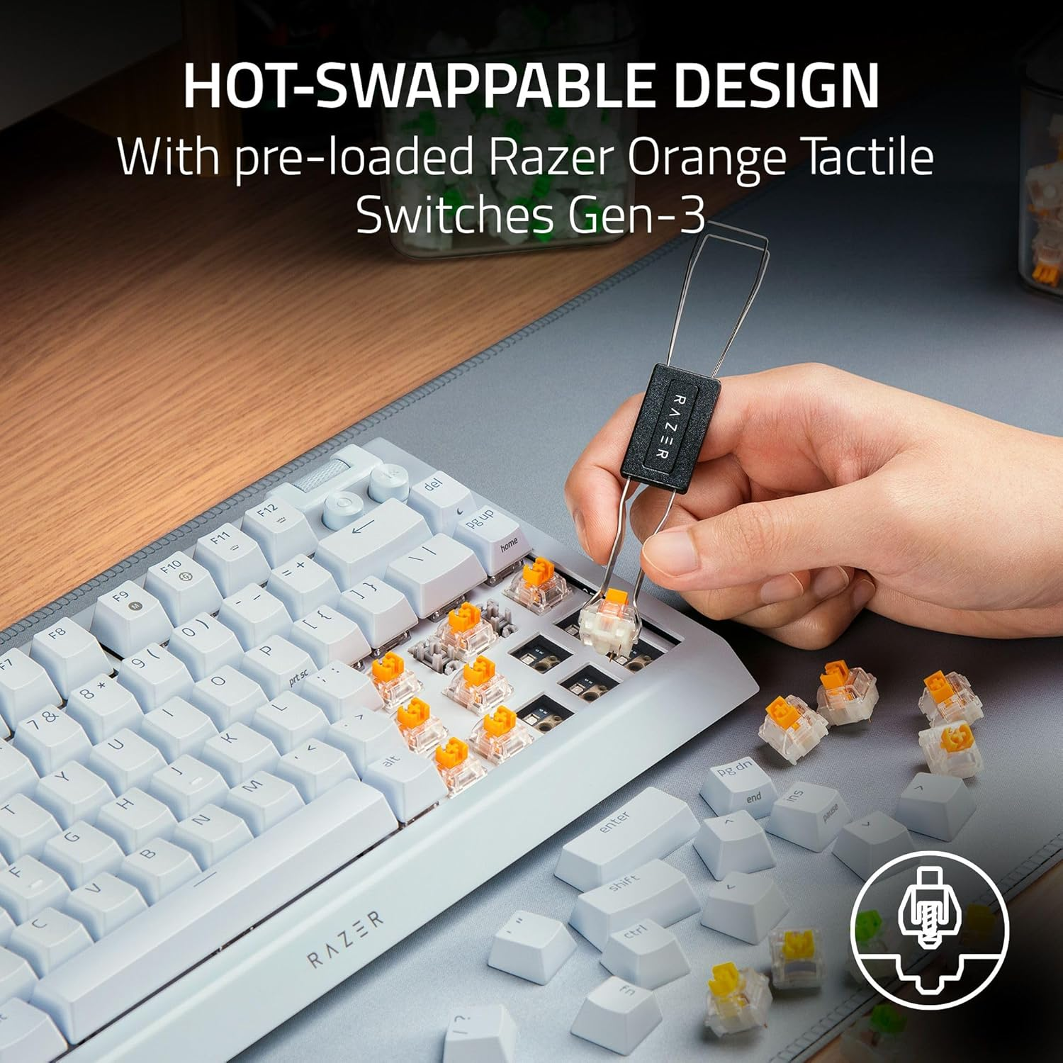 Razer BlackWidow V4 75% Mechanical Hot-swappable Compact & Durable Chroma MF Roller & Media Keys Wrist Rest Orange Tactile Switches - White Razer BlackWidow V4 75% Mechanical Hot-swappable Compact & Durable Chroma MF Roller & Media Keys Wrist Rest Orange Tactile Switches - White